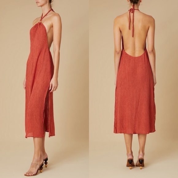 SM Dress Lana Midi Bamboo Peace Silk Halter O-Ring Backless Scarlette S NWT - Picture 6 of 6